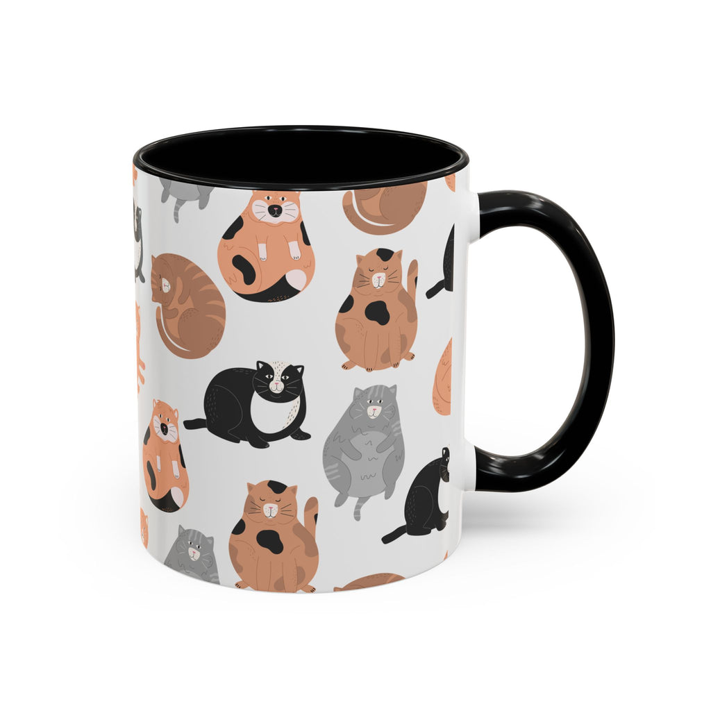 Cute Cat Pattern Accent Coffee Mug — Calico & Tuxedo Cat Illustration (11oz)