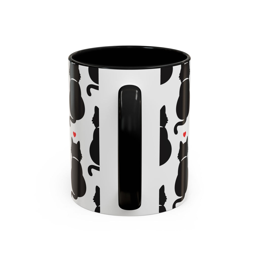 Black Cat Pattern Accent Coffee Mug, Cute Cat Silhouette & Tiny Red Hearts 11oz