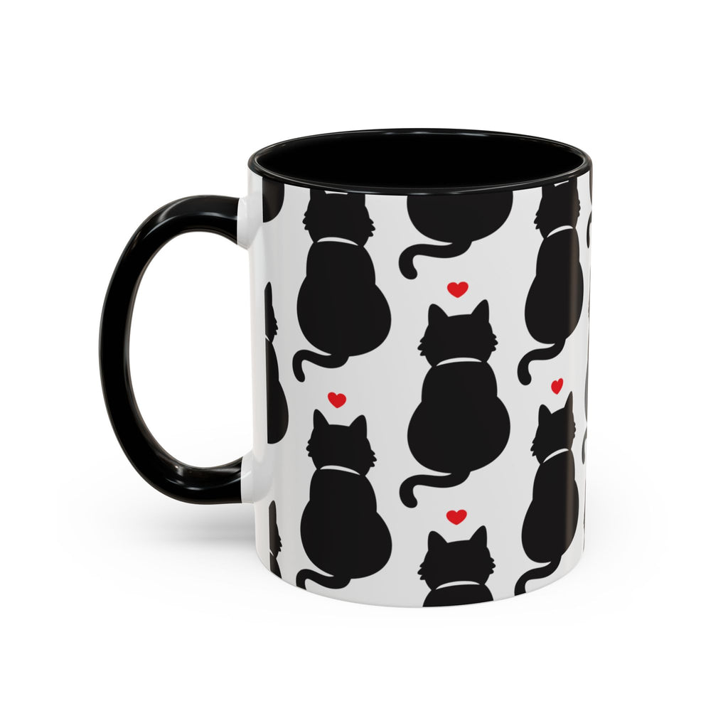 Black Cat Pattern Accent Coffee Mug, Cute Cat Silhouette & Tiny Red Hearts 11oz