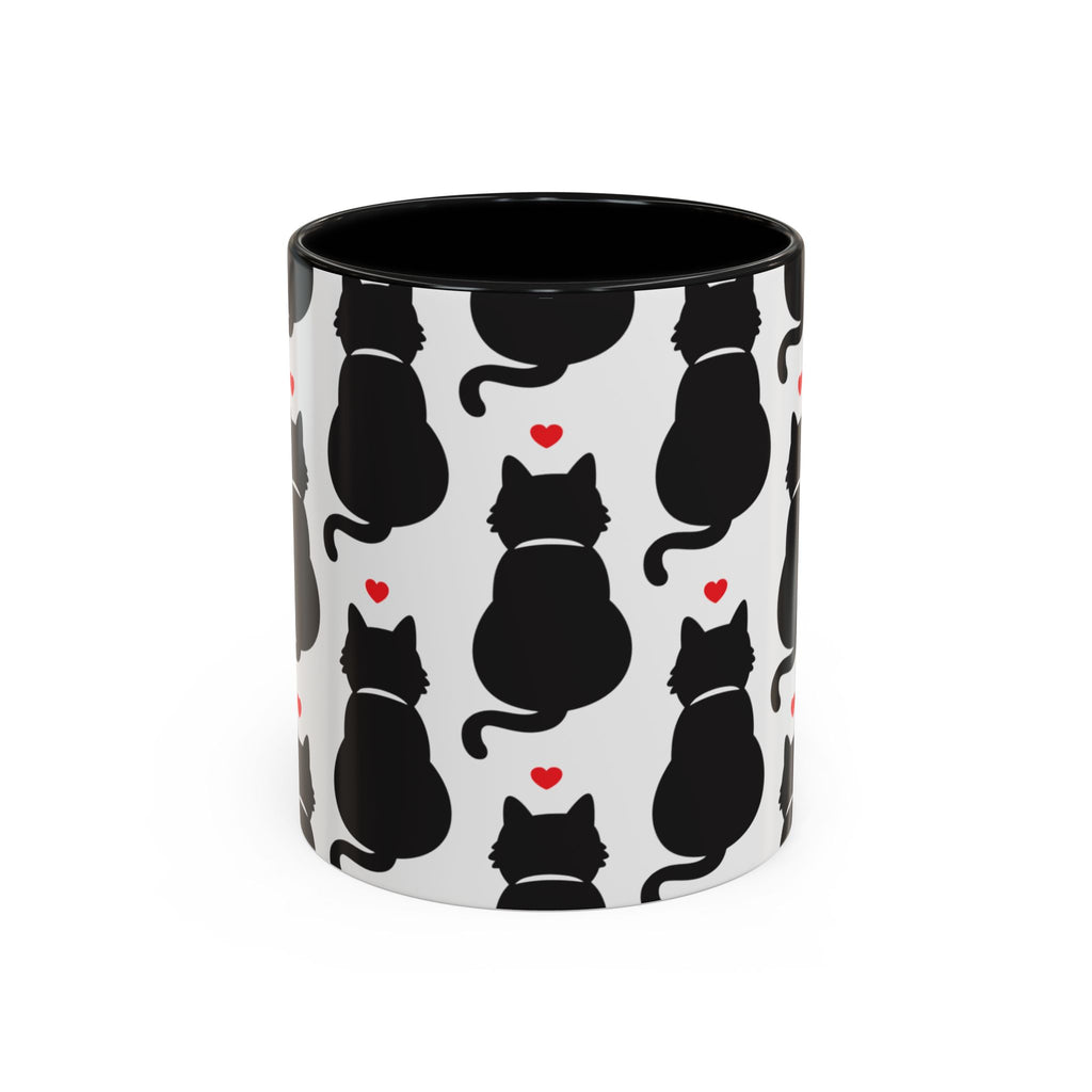 Black Cat Pattern Accent Coffee Mug, Cute Cat Silhouette & Tiny Red Hearts 11oz