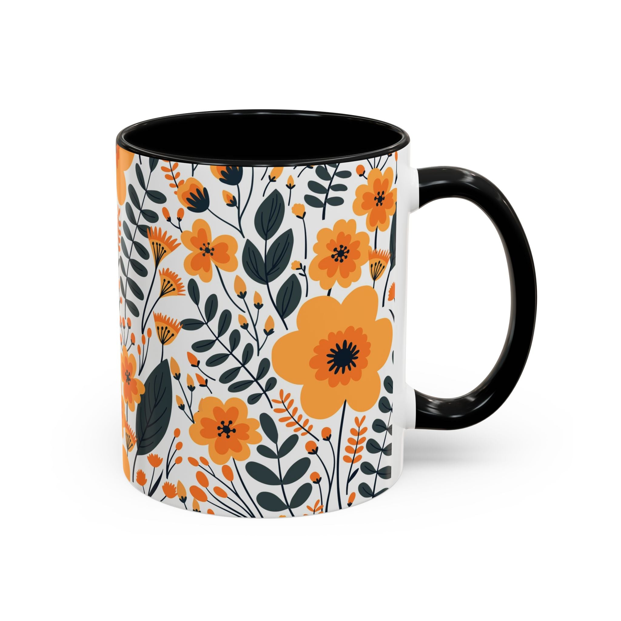 Floral Orange Accent Coffee Mug — Vintage Botanical Pattern (11oz)