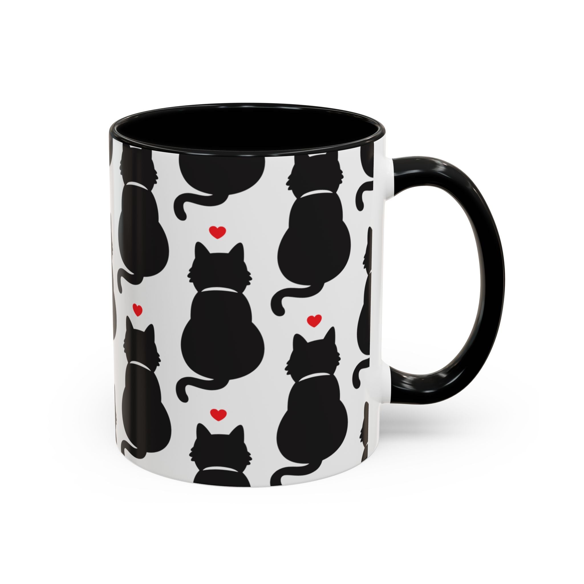 Black Cat Pattern Accent Coffee Mug, Cute Cat Silhouette & Tiny Red Hearts 11oz