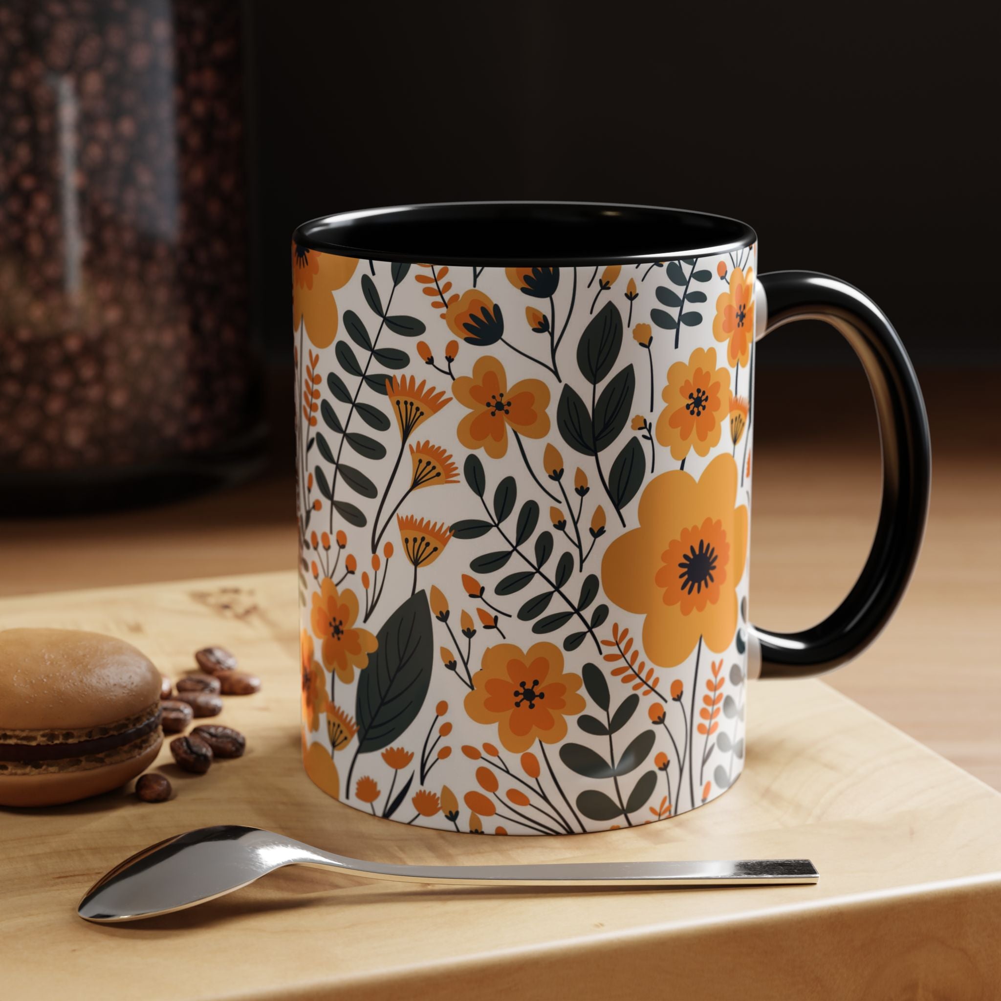 Floral Orange Accent Coffee Mug — Vintage Botanical Pattern (11oz)