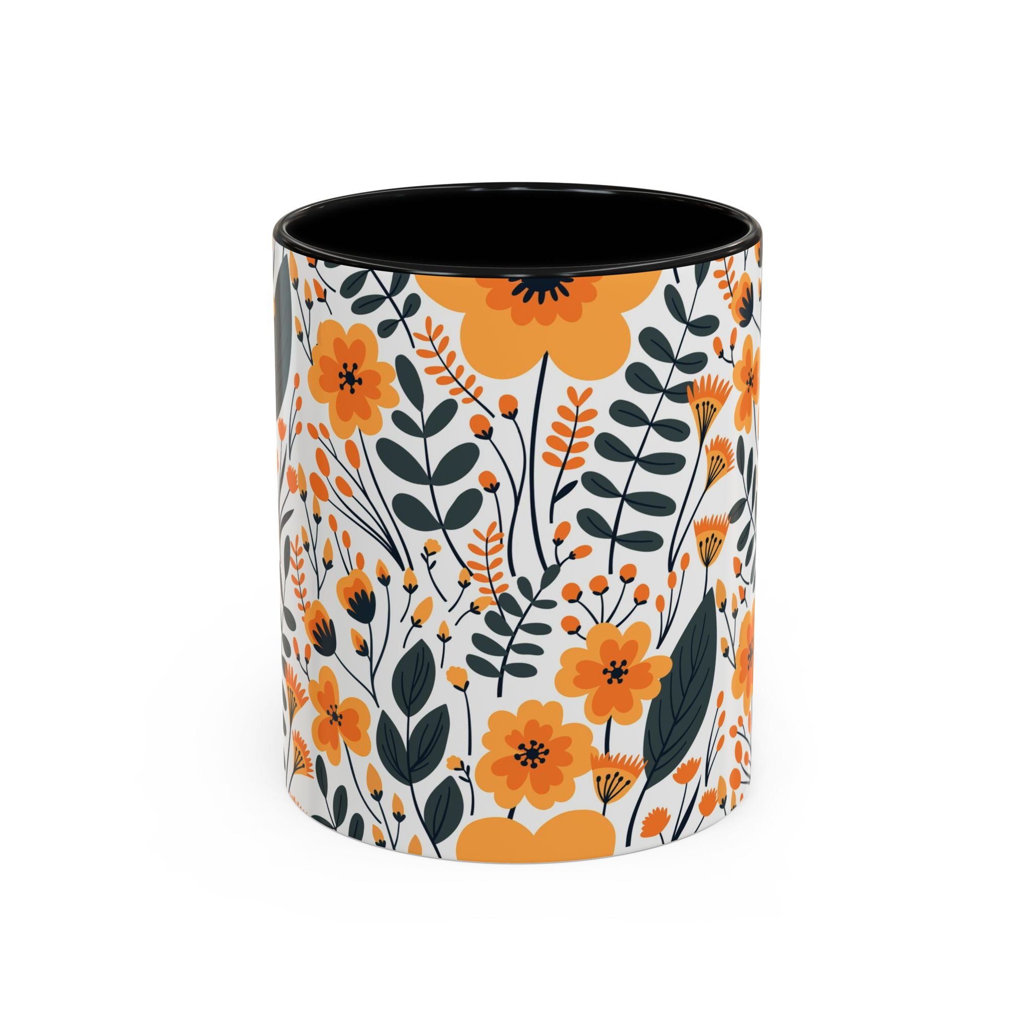 Floral Orange Accent Coffee Mug — Vintage Botanical Pattern (11oz)