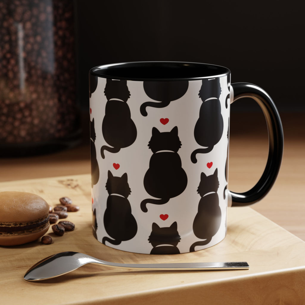 Black Cat Pattern Accent Coffee Mug, Cute Cat Silhouette & Tiny Red Hearts 11oz