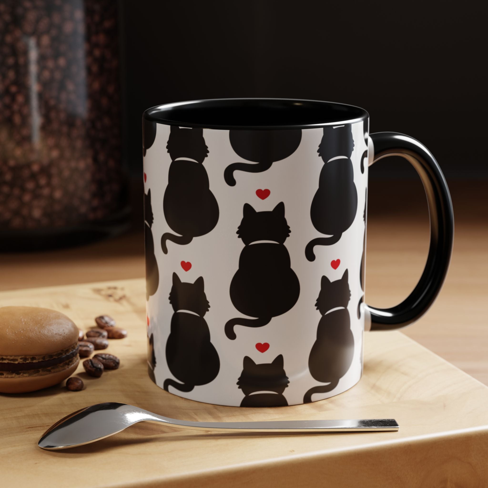 Black Cat Pattern Accent Coffee Mug, Cute Cat Silhouette & Tiny Red Hearts 11oz
