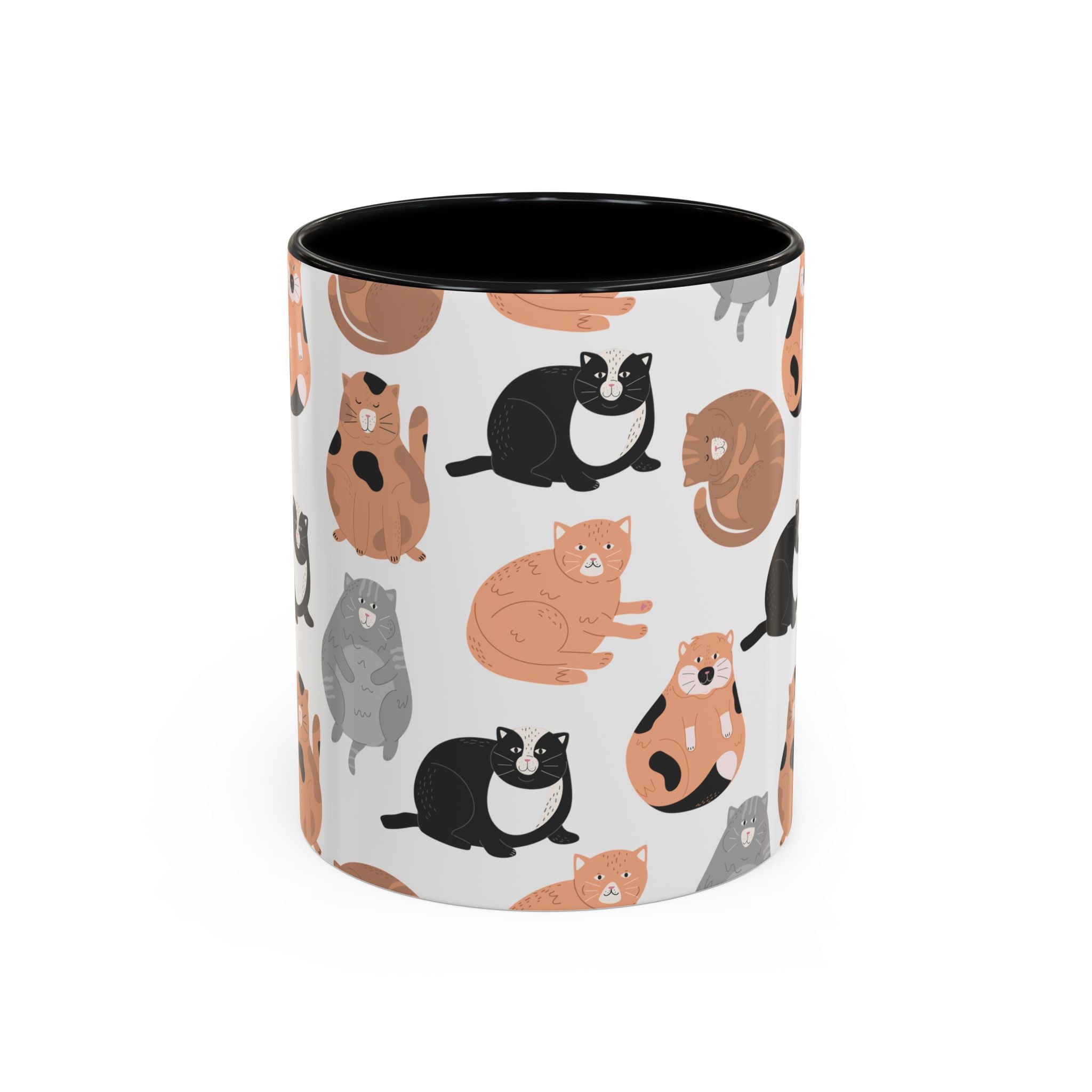 Cute Cat Pattern Accent Coffee Mug — Calico & Tuxedo Cat Illustration (11oz)