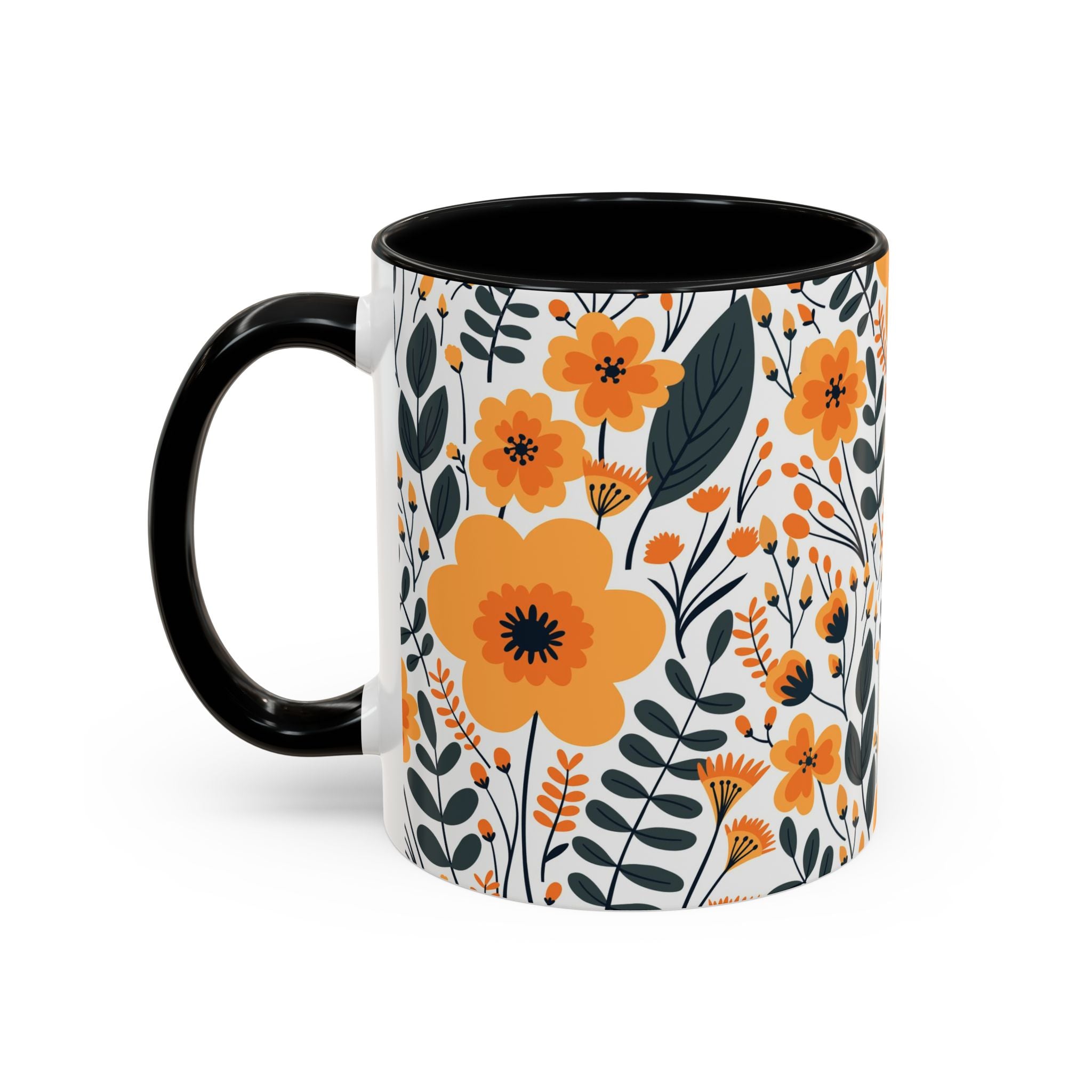 Floral Orange Accent Coffee Mug — Vintage Botanical Pattern (11oz)