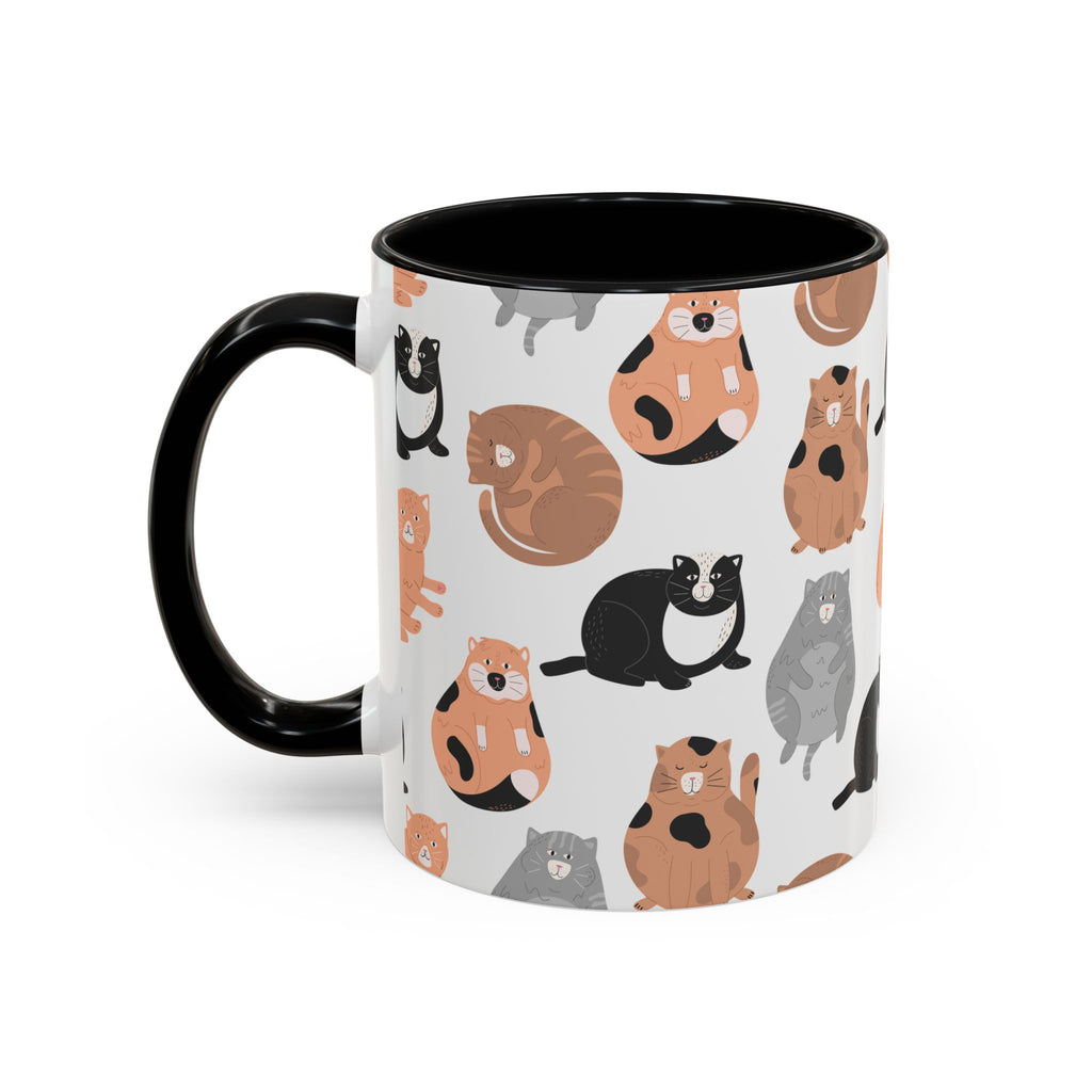 Cute Cat Pattern Accent Coffee Mug — Calico & Tuxedo Cat Illustration (11oz)