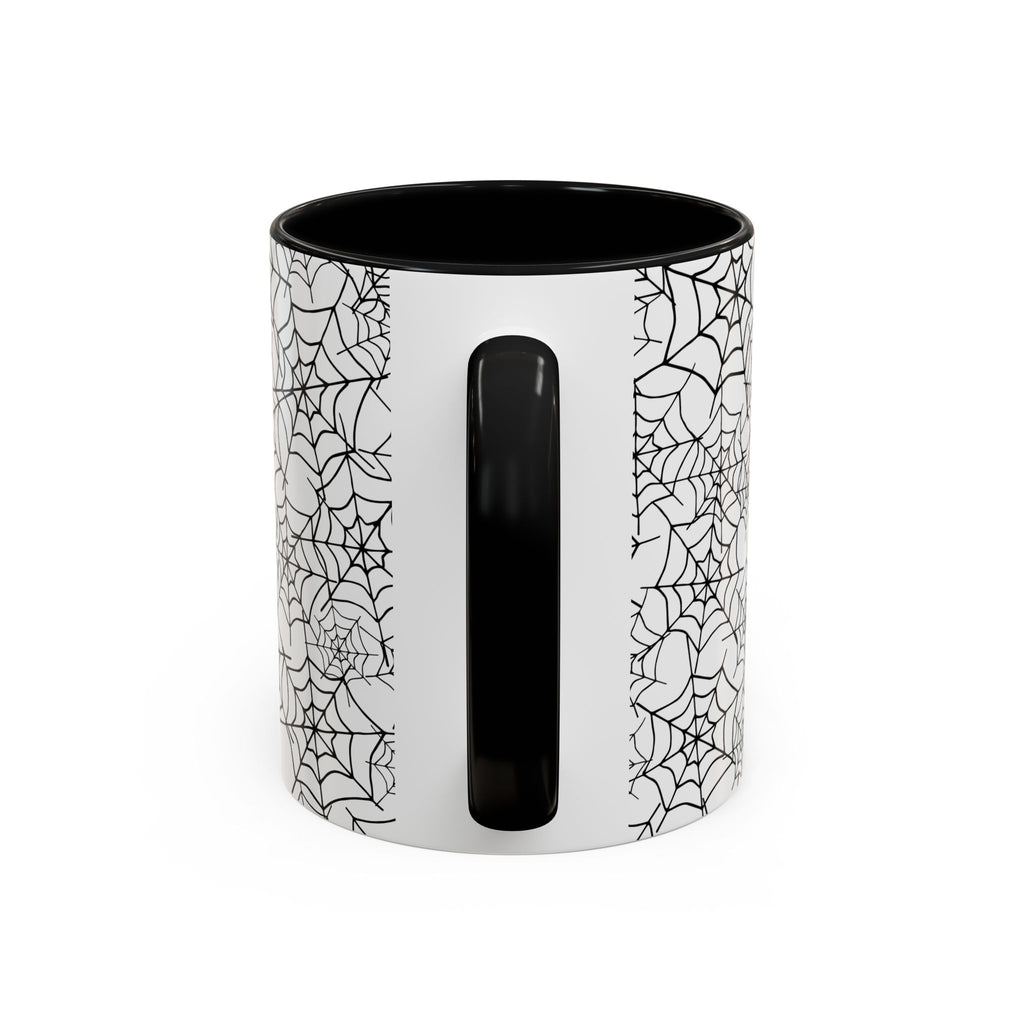 Spiderweb Pattern Accent Coffee Mug — Black Interior & Handle, Halloween Gift