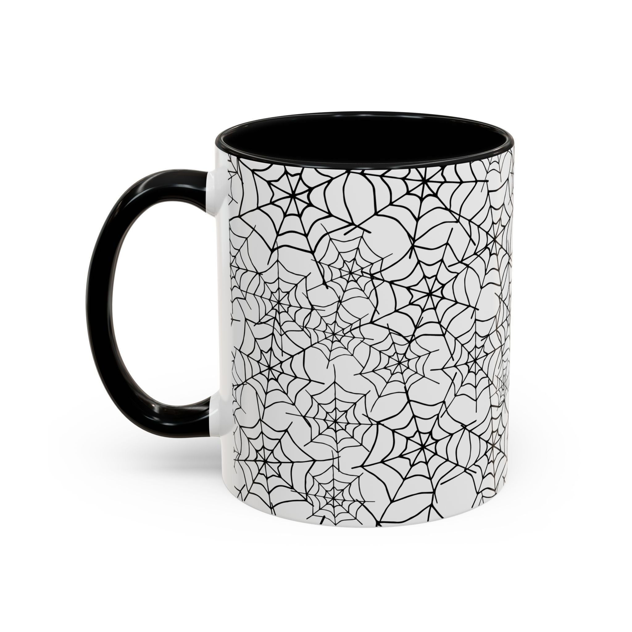 Spiderweb Pattern Accent Coffee Mug — Black Interior & Handle, Halloween Gift