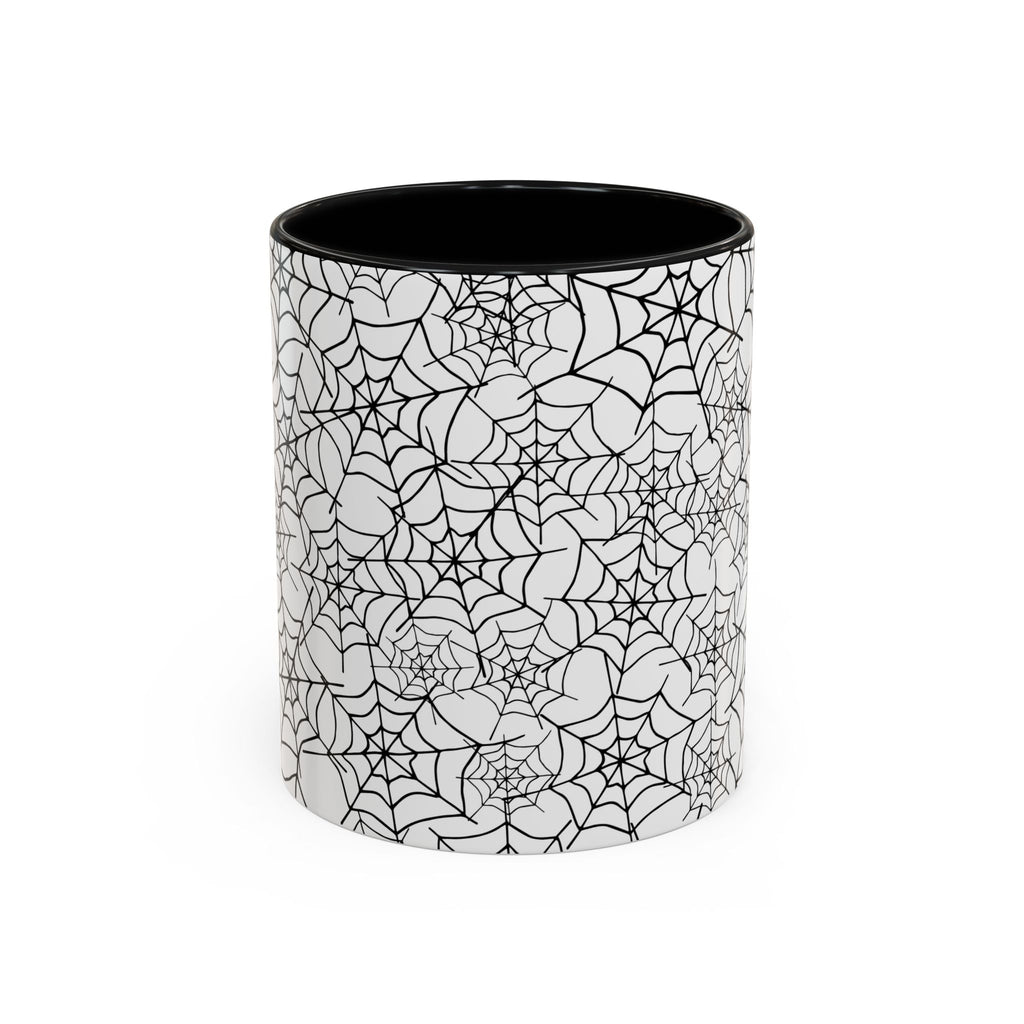 Spiderweb Pattern Accent Coffee Mug — Black Interior & Handle, Halloween Gift