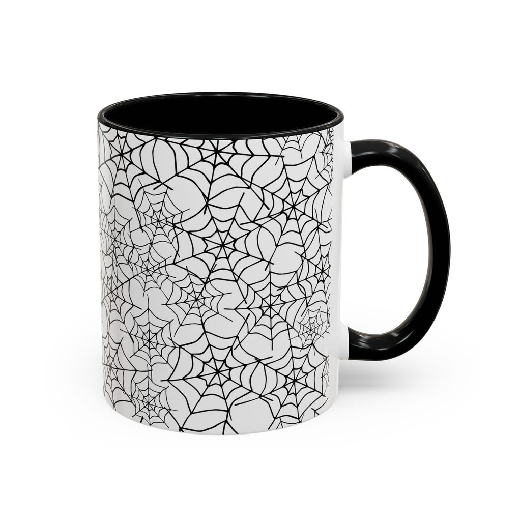 Spiderweb Pattern Accent Coffee Mug — Black Interior & Handle, Halloween Gift