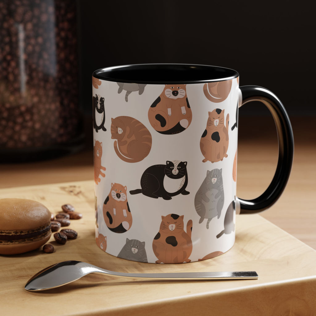 Cute Cat Pattern Accent Coffee Mug — Calico & Tuxedo Cat Illustration (11oz)