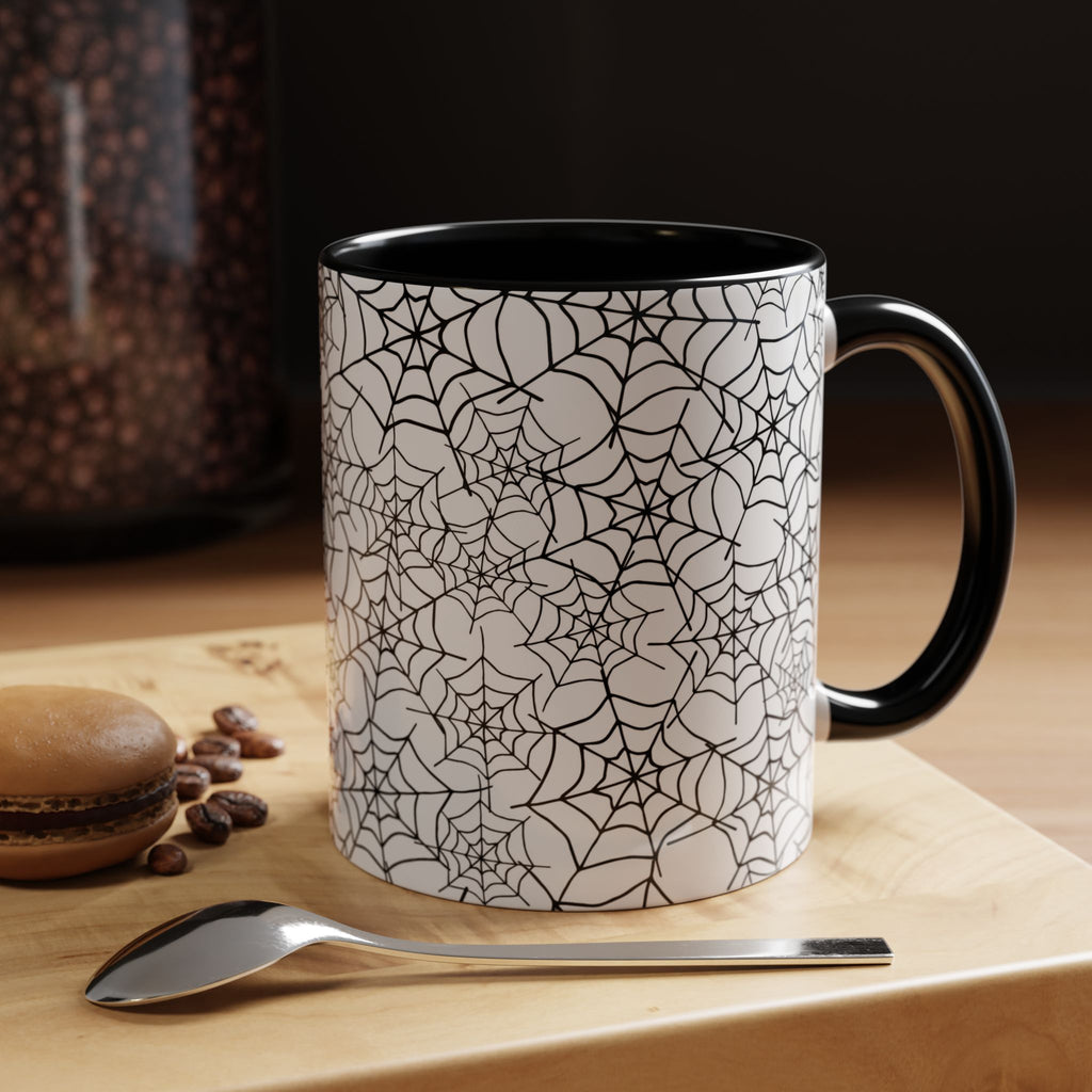 Spiderweb Pattern Accent Coffee Mug — Black Interior & Handle, Halloween Gift